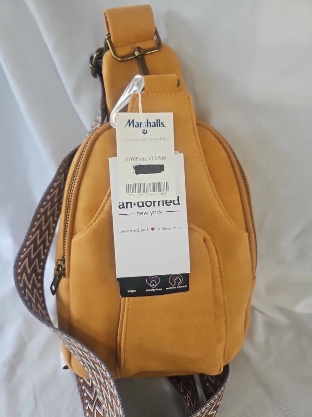 ahdorned Vegan Suede Mustard Yellow Crossbody Sling Bag with Tapestry Strap-NWT - Picture 5 of 5